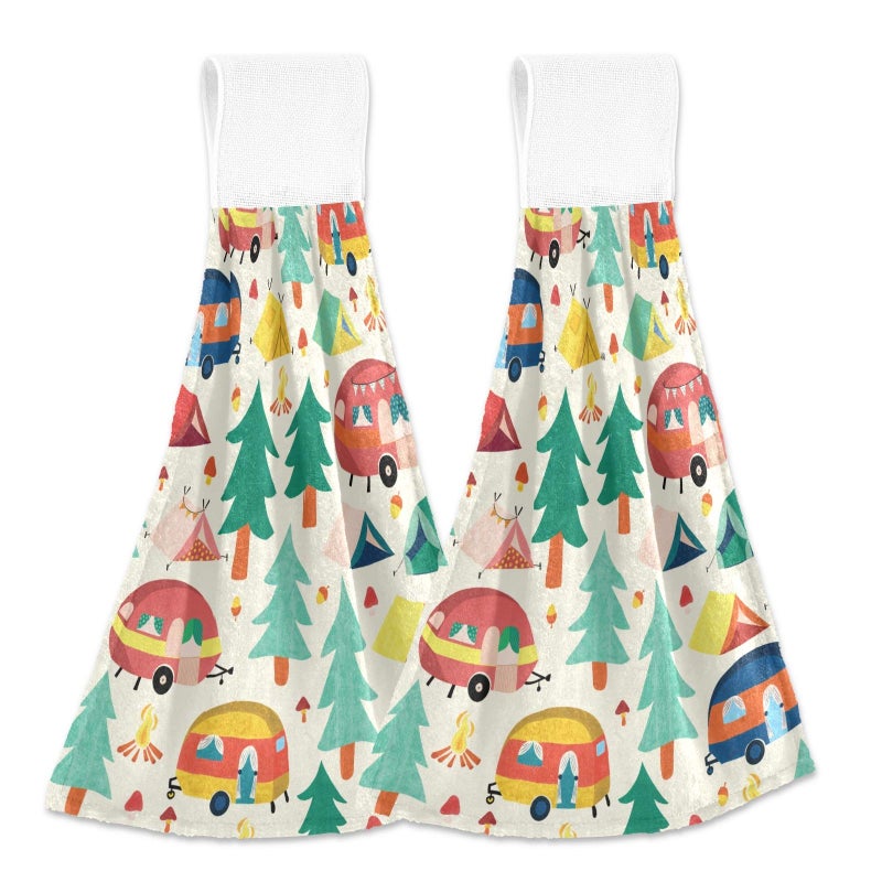Bolaz Bolaz Happy Camper Caravan and Tents in Forest Hanging Kitchen Towel Hand Towel 2 Pcs Absorbent Hanging Tie Towels for Bathroom Laundry Room Kitchen 12 x 17 Inches - Image 1