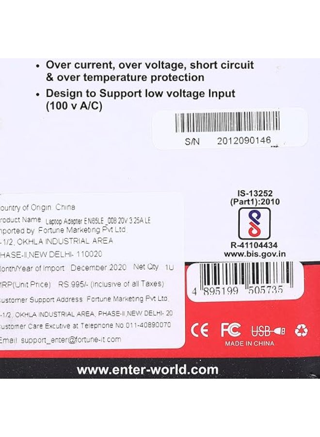 Enter Renewed -  BIS Certified 65W, 20V/3.25A, 3 Pin High-Efficiency AC Laptop Charger/Adapter for Lenovo Laptops (Without Power Cord) - Image 5