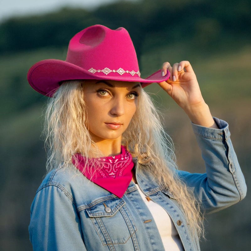 JIANGLAI Western Cowgirl Hat for Women Men, Fedora Wide Brim Rhinestone Cowboy Hat with Bandana and Cowgirl Tassels Earrings (Hot pink, One Size) - Image 5