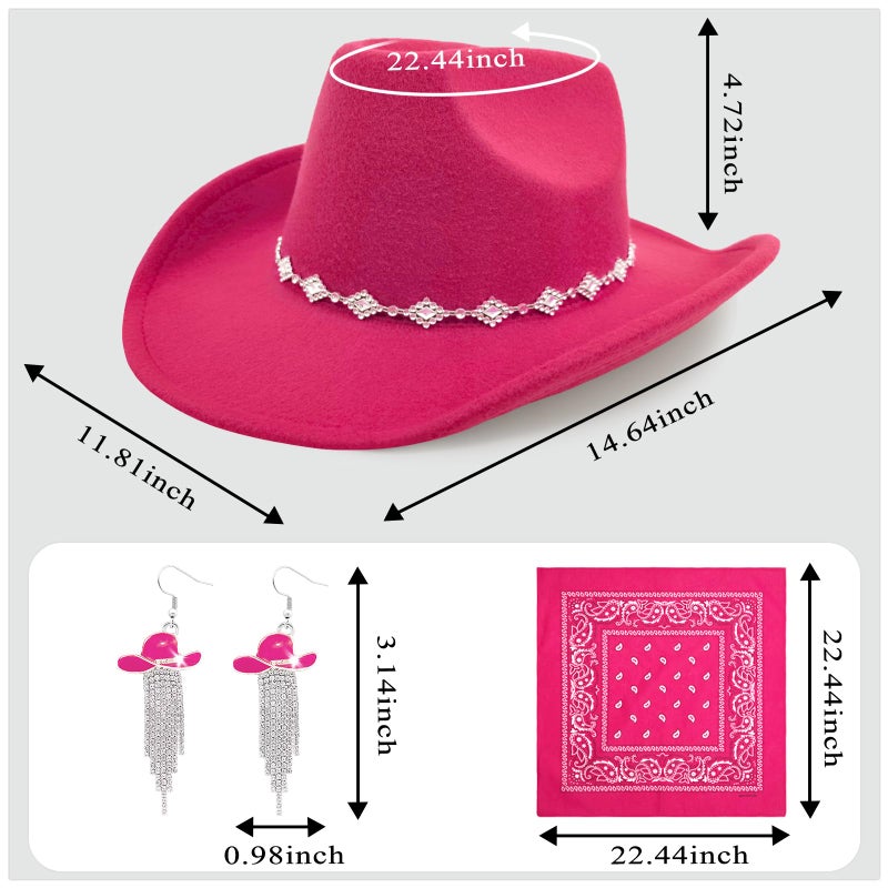 JIANGLAI Western Cowgirl Hat for Women Men, Fedora Wide Brim Rhinestone Cowboy Hat with Bandana and Cowgirl Tassels Earrings (Hot pink, One Size) - Image 2
