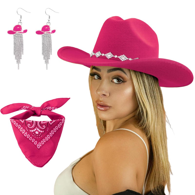 JIANGLAI Western Cowgirl Hat for Women Men, Fedora Wide Brim Rhinestone Cowboy Hat with Bandana and Cowgirl Tassels Earrings (Hot pink, One Size) - Image 1