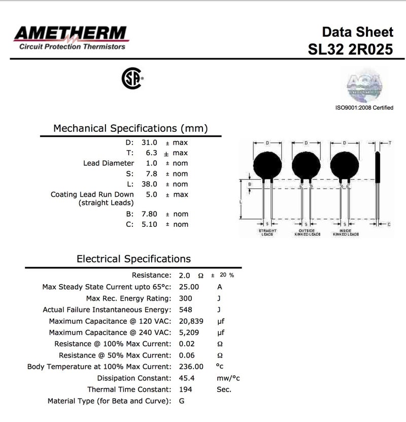 DEFLECTAIR Ametherm SL32 2R025 (Pack of 2) Aqua-Rite Thermistor, ICL 2 OHM 20% 25A 30MM - Image 3