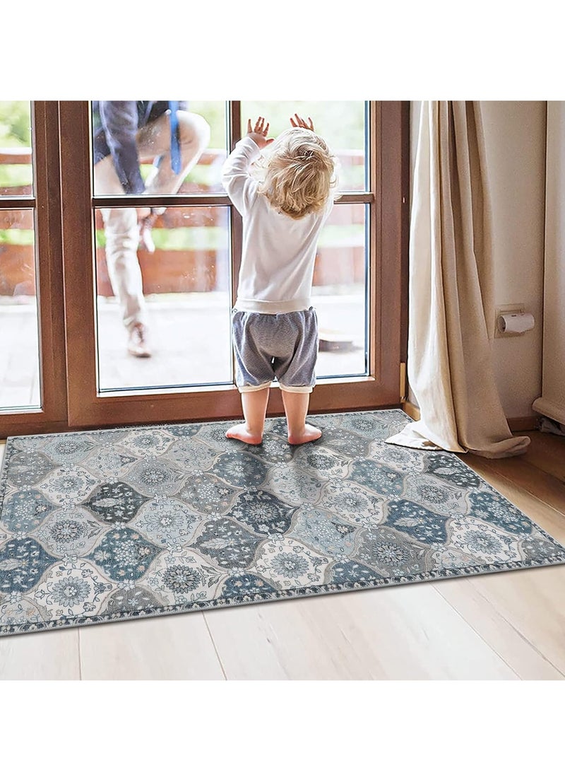MIXDE Trellis Area Rug, Entry Rug Non-Slip Washable Indoor Door Mat, Small Oriental Accent Throw Rug for Bedroom Kitchen Entryway Bathroom (03-blue/Multi, 60 * 90cm)  - Image 2