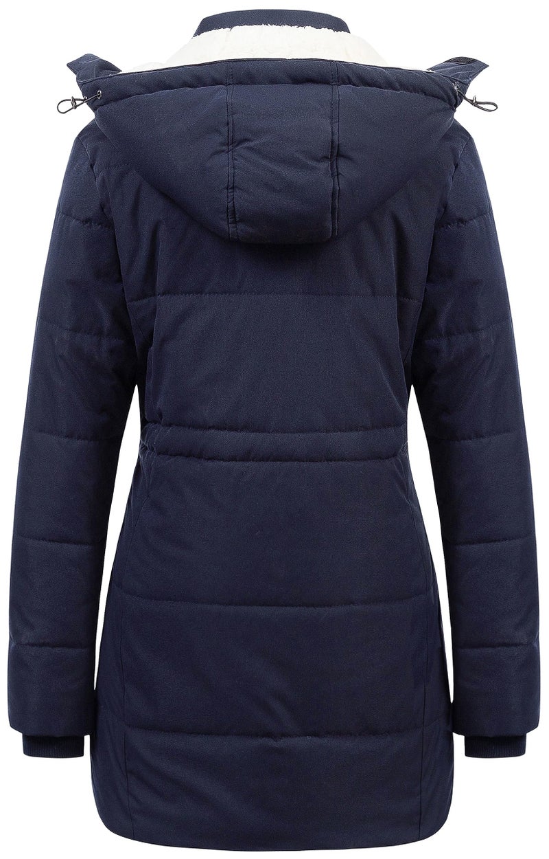 CREATMO US Women's Ladies Sherpa Winter Coat Hood Warm Winter Fleece Lined Parkas Long Jacket Navy Blue S - Image 2