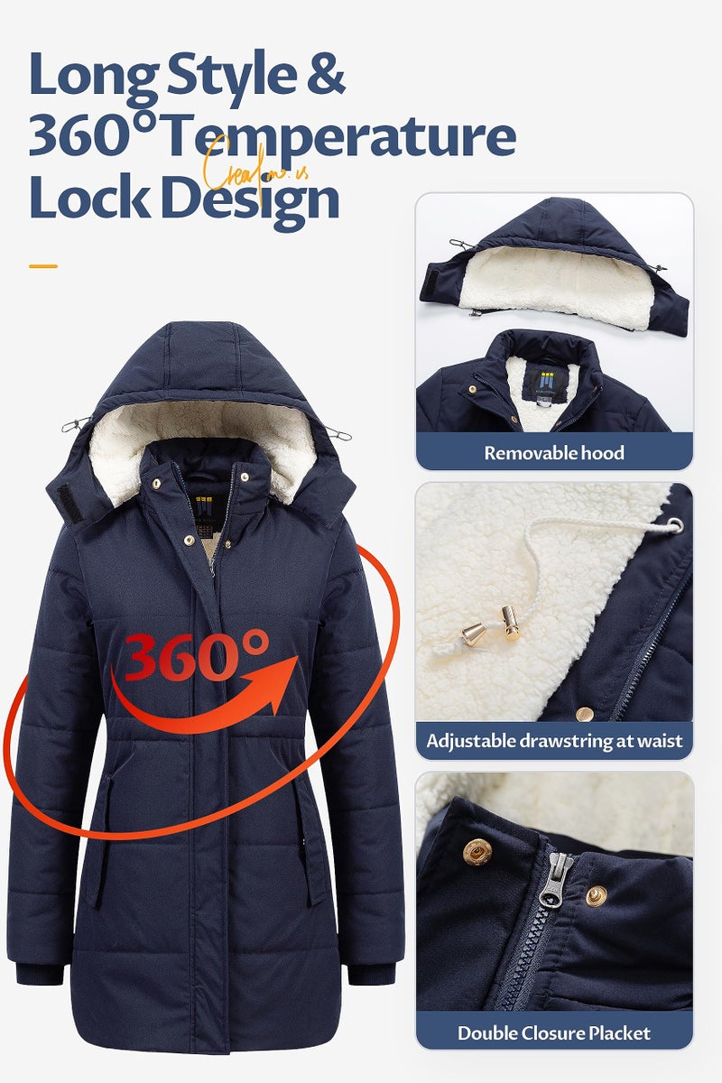 CREATMO US Women's Ladies Sherpa Winter Coat Hood Warm Winter Fleece Lined Parkas Long Jacket Navy Blue S - Image 5