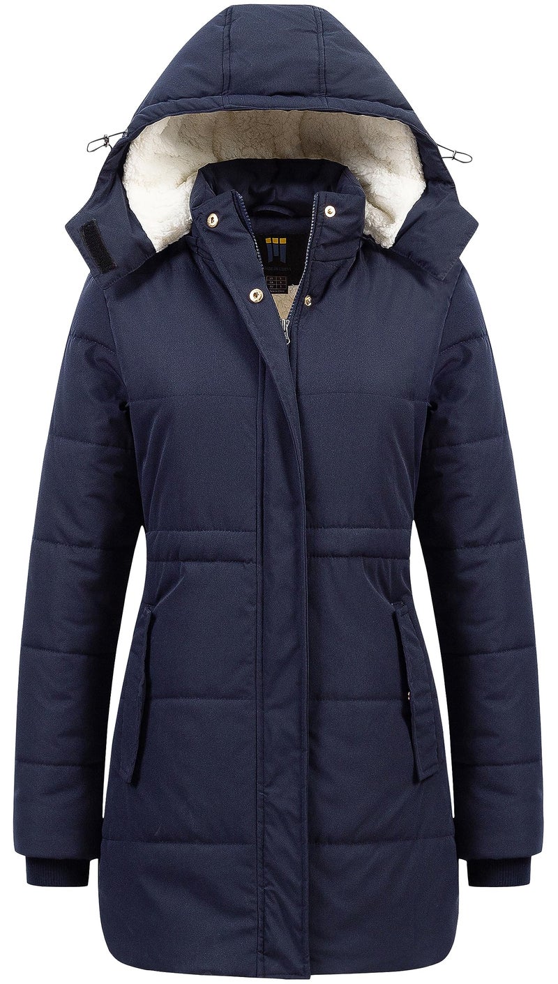 CREATMO US Women's Ladies Sherpa Winter Coat Hood Warm Winter Fleece Lined Parkas Long Jacket Navy Blue S - Image 1