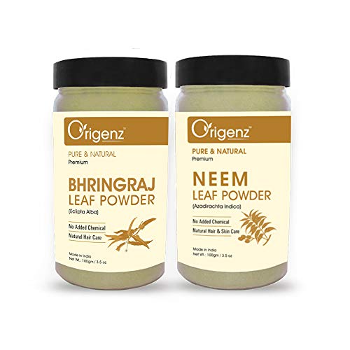 Origenz Natural Hair Care 2 Powders Combo 200 gm - Neem Leaves and Bhringraj Powder for Mask, Pack, Anti-Dandruff, Shine | In Jar (100gm X 2) - Image 1
