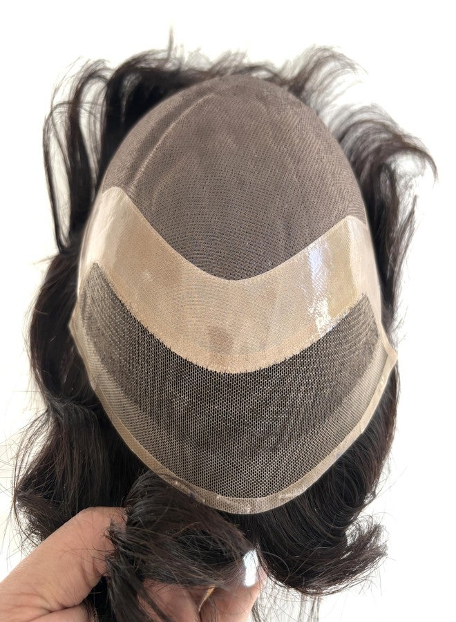 Hywel Hair System Toupee for Men with 100% Human Hair, Mono Lace with Soft Skin Toupee Mens Wig Base Size 6 * 9 Inch, Hair Pieces Replacement Color #1B Off Black - Image 4