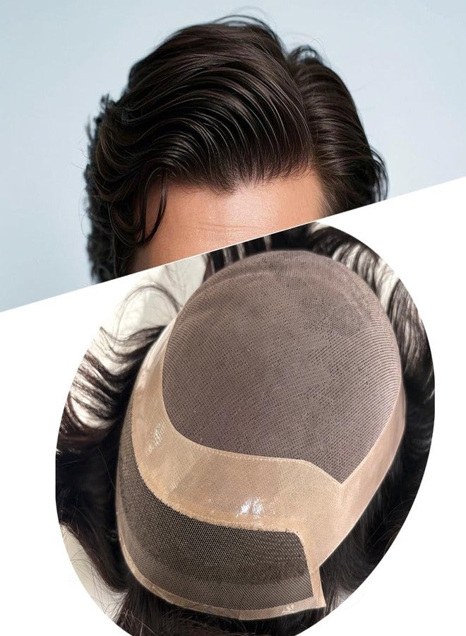 Hywel Hair System Toupee for Men with 100% Human Hair, Mono Lace with Soft Skin Toupee Mens Wig Base Size 6 * 9 Inch, Hair Pieces Replacement Color #1B Off Black - Image 1