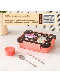 Generic Factory Direct 304 Stainless Steel Lunch Box Cartoon Student Lunch Box Can Enter The Microwave Oven Sealed Compartment Lunch Box-Specifications:Pink Unicorn [with Chopsticks And Spoon + Sauce Dish]-Color:1000ml Three Grids  - Image 1