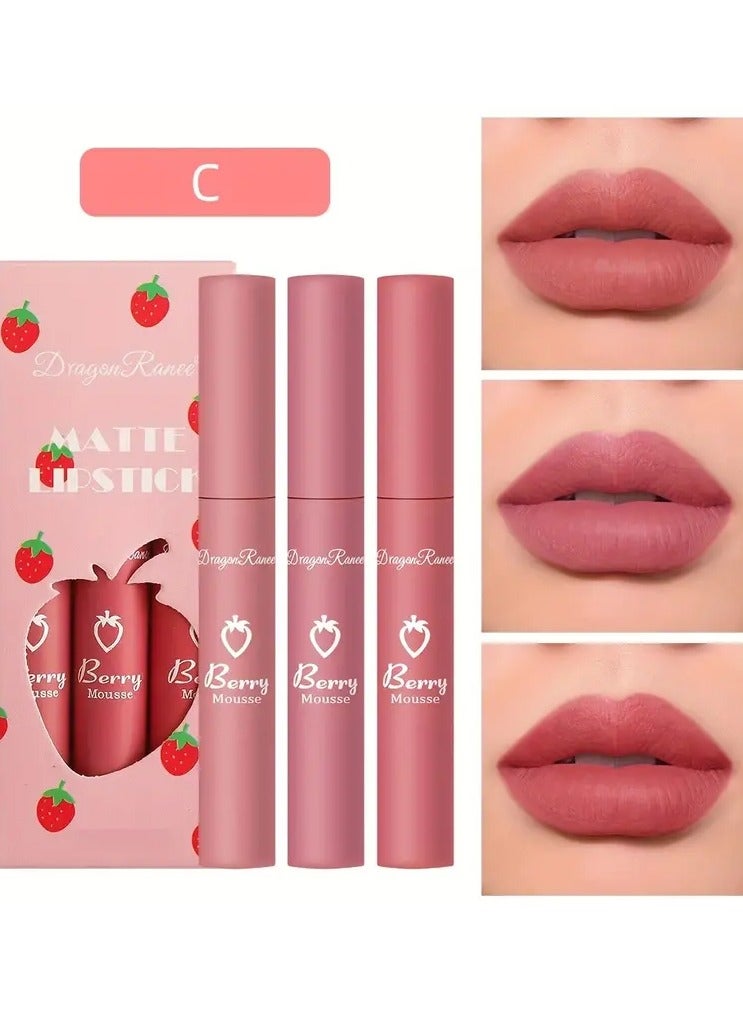 Dragon Ranee مجموعة أحمر شفاه دراجون راني غير اللامع من 3 قطع - لمسة مخملية، خالية من الكحول، لون شفاه يدوم طويلاً، مناسب لجميع أنواع البشرة، مصنوع من البترولاتوم المغذي - مجموعة زبدة شفاه غير لزجة ومقاومة للنقل - Image 1