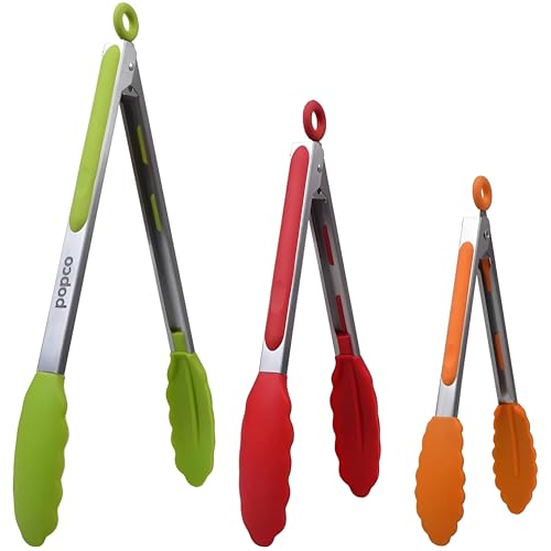Popco 3-Piece Kitchen Tongs Set – Stainless Steel Heat Resistant Silicone Tips, Strong Comfort Grip, 3 Sizes (7, 9, 12 Inch), Non-Scratch, Dishwasher Safe, for Cooking, BBQ, Salad - Image 1