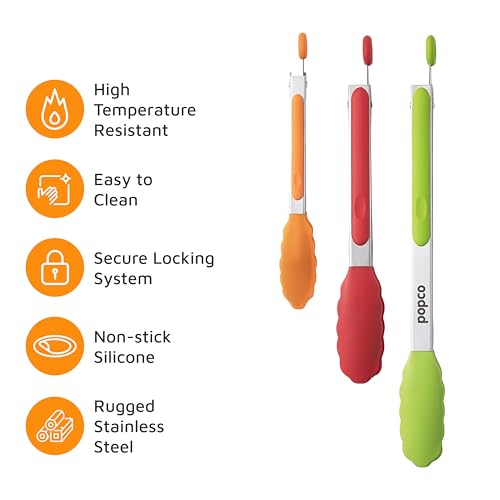 Popco 3-Piece Kitchen Tongs Set – Stainless Steel Heat Resistant Silicone Tips, Strong Comfort Grip, 3 Sizes (7, 9, 12 Inch), Non-Scratch, Dishwasher Safe, for Cooking, BBQ, Salad - Image 5