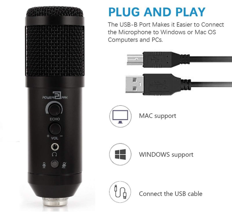 Powerpak MK-F500 USB Metal Condenser Microphone with Desk Stand | Volume Control Headphone Output | Plug and Play(Black) (MK-F500 USB + Desk stand) - Image 4