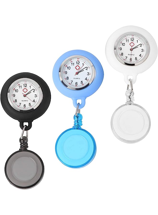 erorex Nurse Watch Retractable Nurse Watches Clip-On Nurses Watch Silicone Fob Watches With Second Hand For Nurses Pocket Quartz Watch For Nurse Gift 3 Pcs (Black, Light Blue, White) - Image 1