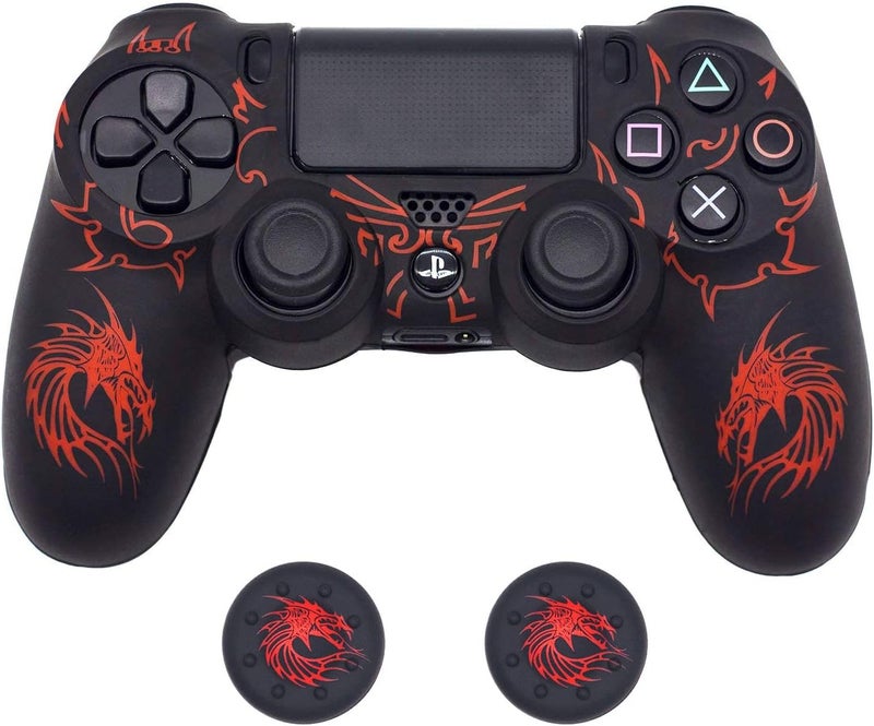 BRHE Controller Skin for PS4, Anti-Slip Grip Silicone Cover Protector Case Compatible with PS4 Slim/PS4 Pro Wireless/Wired Gamepad Controller with 2 Dragon Carving Thumb Grip Caps - Image 1