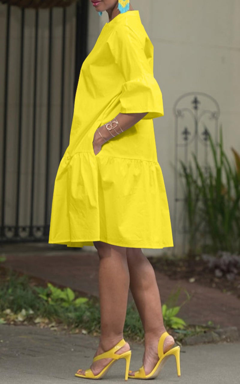 Choichic Button Down Shirt Dresses for Women with Pockets Flare Bell Sleeve A-Line Midi Tunic Dress Medium Yellow - Image 2