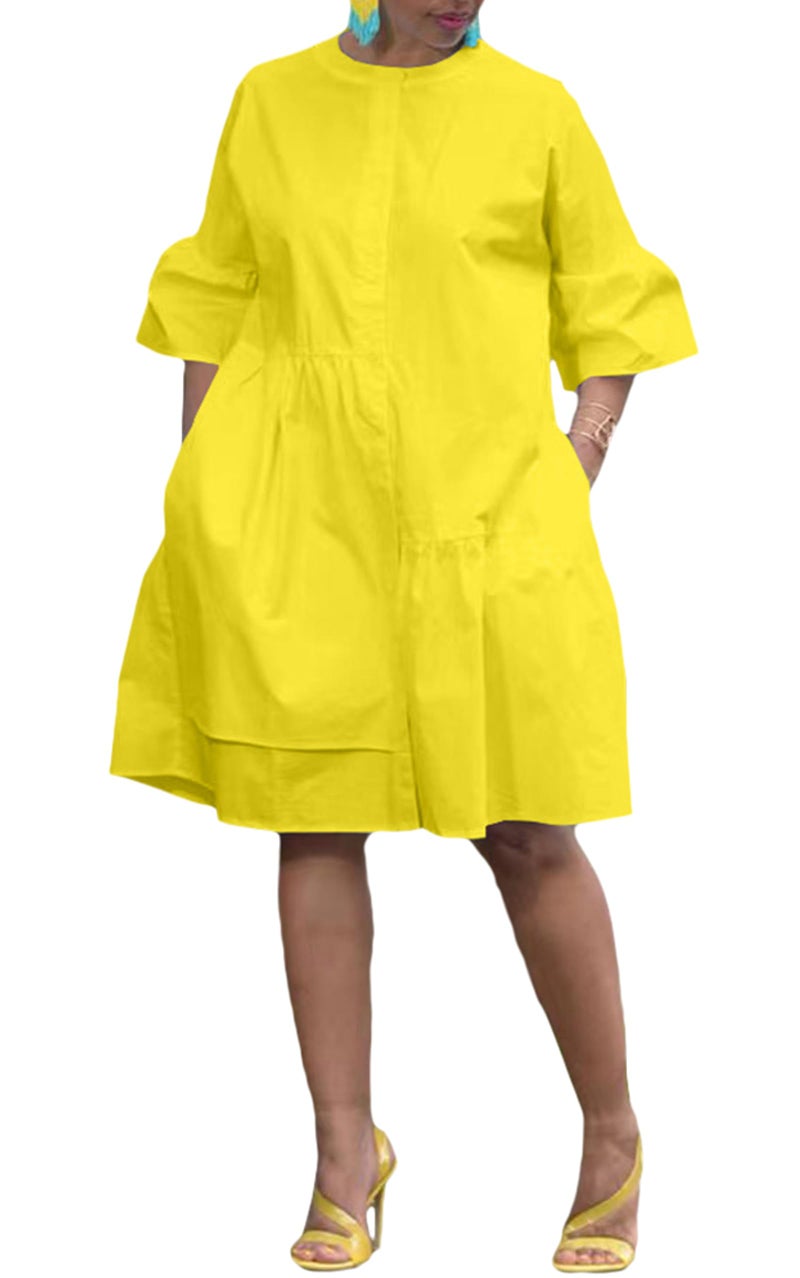 Choichic Button Down Shirt Dresses for Women with Pockets Flare Bell Sleeve A-Line Midi Tunic Dress Medium Yellow - Image 1