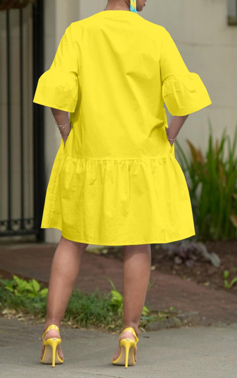 Choichic Button Down Shirt Dresses for Women with Pockets Flare Bell Sleeve A-Line Midi Tunic Dress Medium Yellow - Image 3
