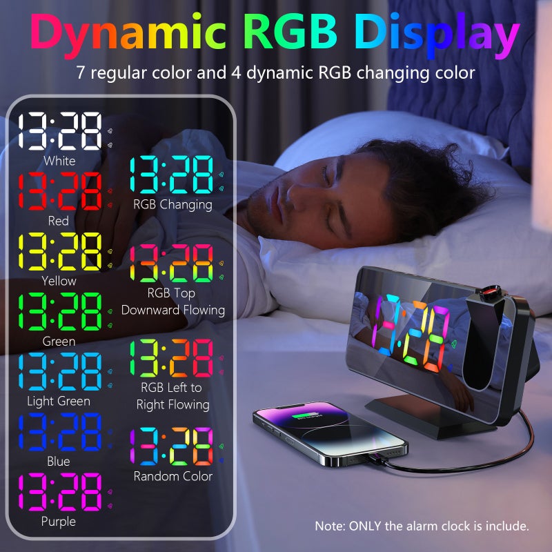 ساعة منبه إسقاطية رقمية بزاوية 180 درجة مع ضوء RGB ديناميكي قابل لتعديل السطوع و chứcة الإيقاف المؤقت و إعداد منبه مزدوج و منفذ شحن USB، ساعة مرآة للغرفة النوم بتصميم 12 ساعة/24 ساعة - Image 5