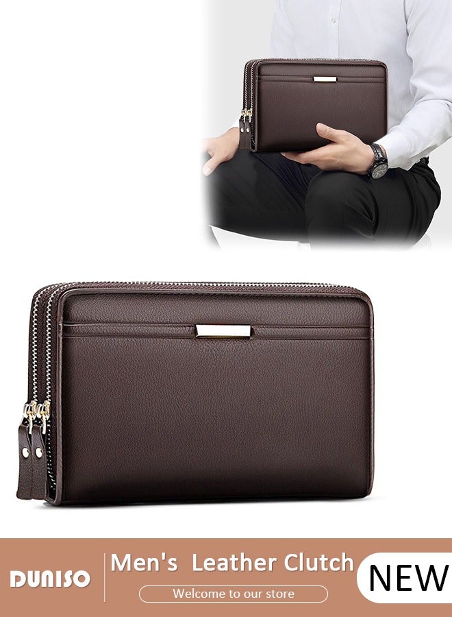 DUNISO Men's Clutch Bag Faux Leather Wallet Bag Large Capacity Light Weight Handbag Portable Envelope Phone Purse with Wrist Strap  - Image 1