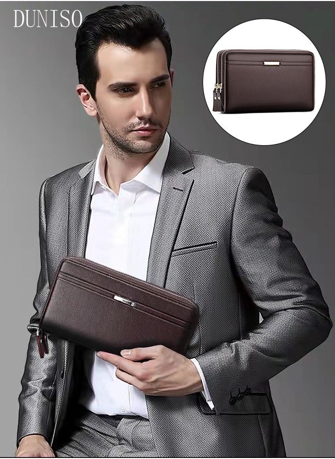 DUNISO Men's Clutch Bag Faux Leather Wallet Bag Large Capacity Light Weight Handbag Portable Envelope Phone Purse with Wrist Strap  - Image 1