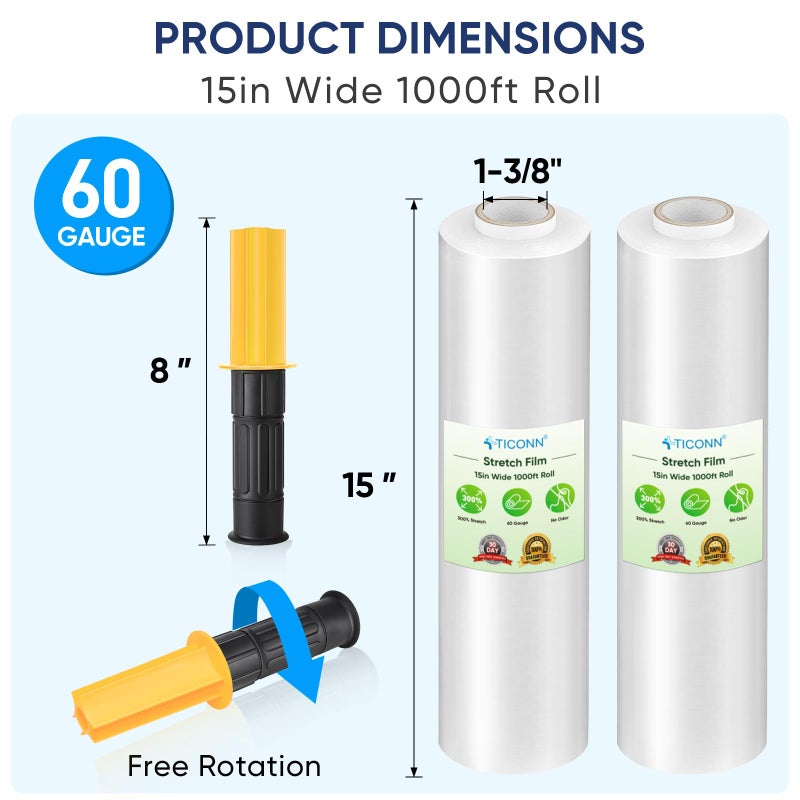 TICONN Stretch Wrap Stretch Film Roll, 1000ft Industrial Strength 15 inch Wide Clear Plastic Wrap with Handles for Pallet Wrapping Shipping Moving - Image 2