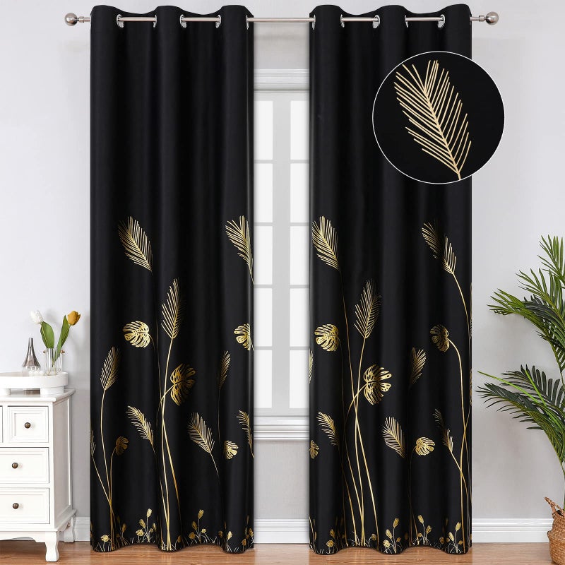 Estelar Textiler Blackout Curtains 84 Inches Long 2 Panels Room Divider Thermal Insulated Leaf Designed Pattern Energy Saving Light Blocking Curtains for Sliding Glass Door 42Wx84L Black