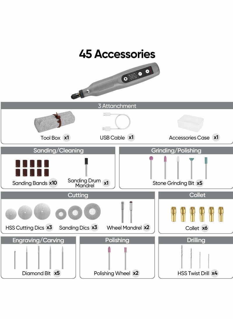 SYOSI Rotary Tool Kit, Cordless 5-Speed Variable and USB Charging Cable Mini Power Tools, 3.7V with 45pcs Accessories for Cutting, Drilling, Sanding, Engraving, Polishing & DIY Crafts (Grey)  - Image 5