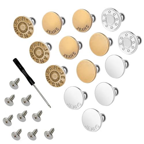 JANCAN 14 PCS Jean Buttons for Loose Jeans - 17 mm Reusable Replacement Buttons No-Sew Nailess Removable Metal Jeans Buttons with Screwdrivers for Cowboy Clothing Jackets Pants DIY Accessories (14) - Image 1