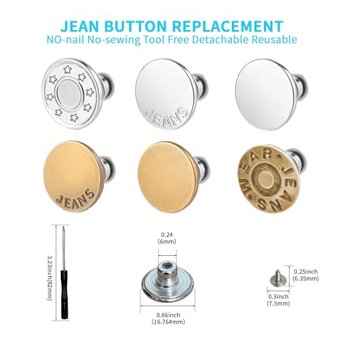 JANCAN 14 PCS Jean Buttons for Loose Jeans - 17 mm Reusable Replacement Buttons No-Sew Nailess Removable Metal Jeans Buttons with Screwdrivers for Cowboy Clothing Jackets Pants DIY Accessories (14) - Image 2