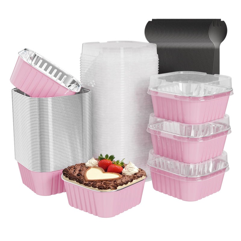 Ksmxos 50 Pack Square Mini Cake Pans with Lids,Mini Loaf Pans with Lids,Aluminum Foil Baking Cups,Disposable Ramekins Cupcake Cups,Dessert Cups for Wedding Birthday Party Picnics,5oz (Pink) - Image 1
