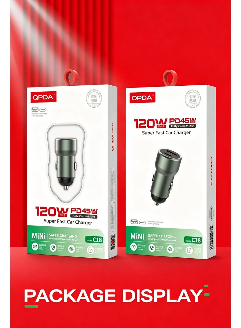 QPDA   C18 120W Mini Car Charger, PD45W Dual Port USB & Type-C Fast Charging Car Adapter, Smart Temperature Control, Multi Safety Protection for iPhone and Android - Image 2