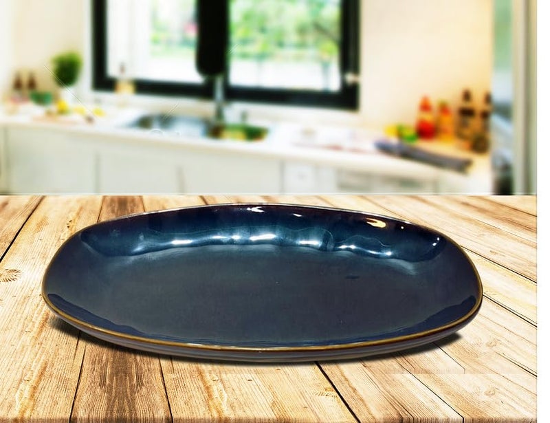 Lemon Tree Oval Shape Ceramic Stoneware Serving Platter Plate for Snacks Serving (Blue) - Image 4