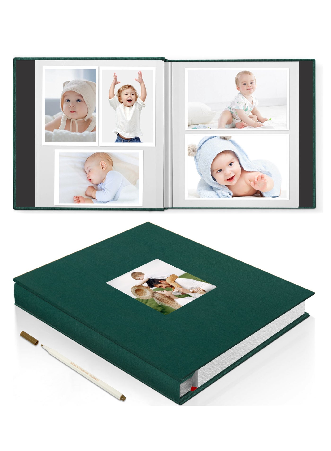 Large Photo Album Scrapbook with Window, Linen Self Adhesive Scrapbook Album, Wedding Anniversary Birthday Valentines Day, 28cm x 27cm 40 Blank Pages Memory Book with A Metallic Pen Green