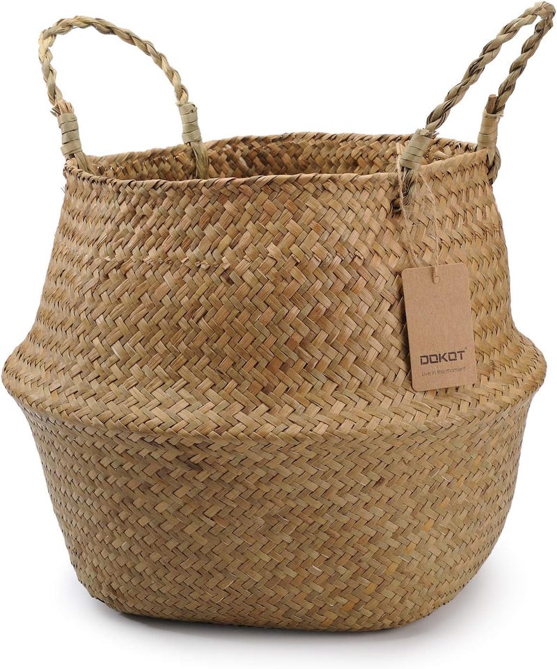 DOKOT Seagrass Plant Basket with Handles, Wicker Woven Storage Basket, 9.5inch Diameter x 11inch Height - Image 1