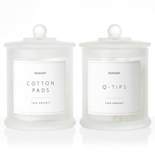 Ronasip Qtip Holder Cotton Pad Dispenser Bathroom Organizer and Storage Canisters 16oz Glass Apothecary Jars for Kitchen Restroom Home Decor Room Decor Aesthetic 2 Pack Frosted White - Image 1