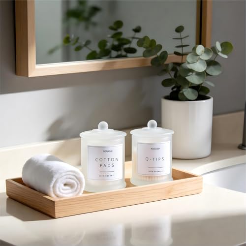 Ronasip Qtip Holder Cotton Pad Dispenser Bathroom Organizer and Storage Canisters 16oz Glass Apothecary Jars for Kitchen Restroom Home Decor Room Decor Aesthetic 2 Pack Frosted White - Image 3