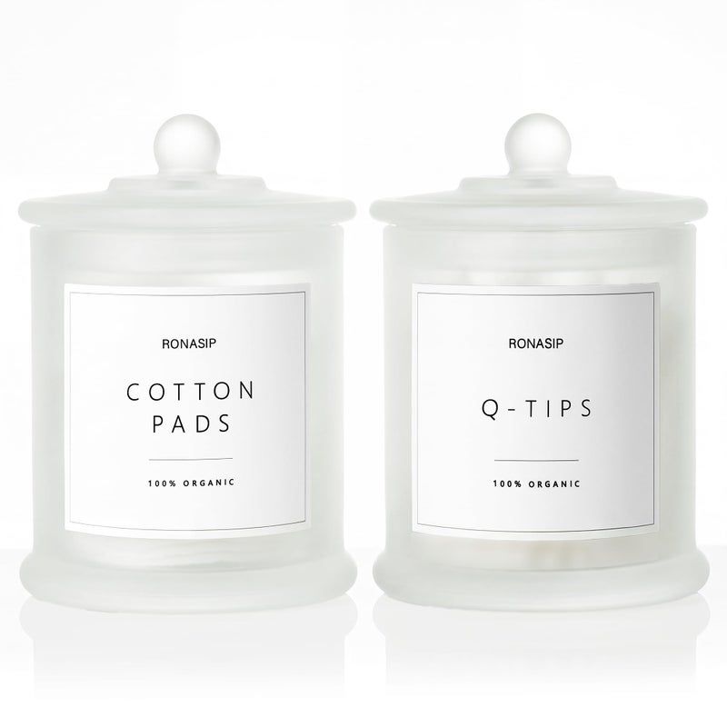 Ronasip Qtip Holder Cotton Pad Dispenser Bathroom Organizer and Storage Canisters 16oz Glass Apothecary Jars for Kitchen Restroom Home Decor Room Decor Aesthetic 2 Pack Frosted White - Image 2