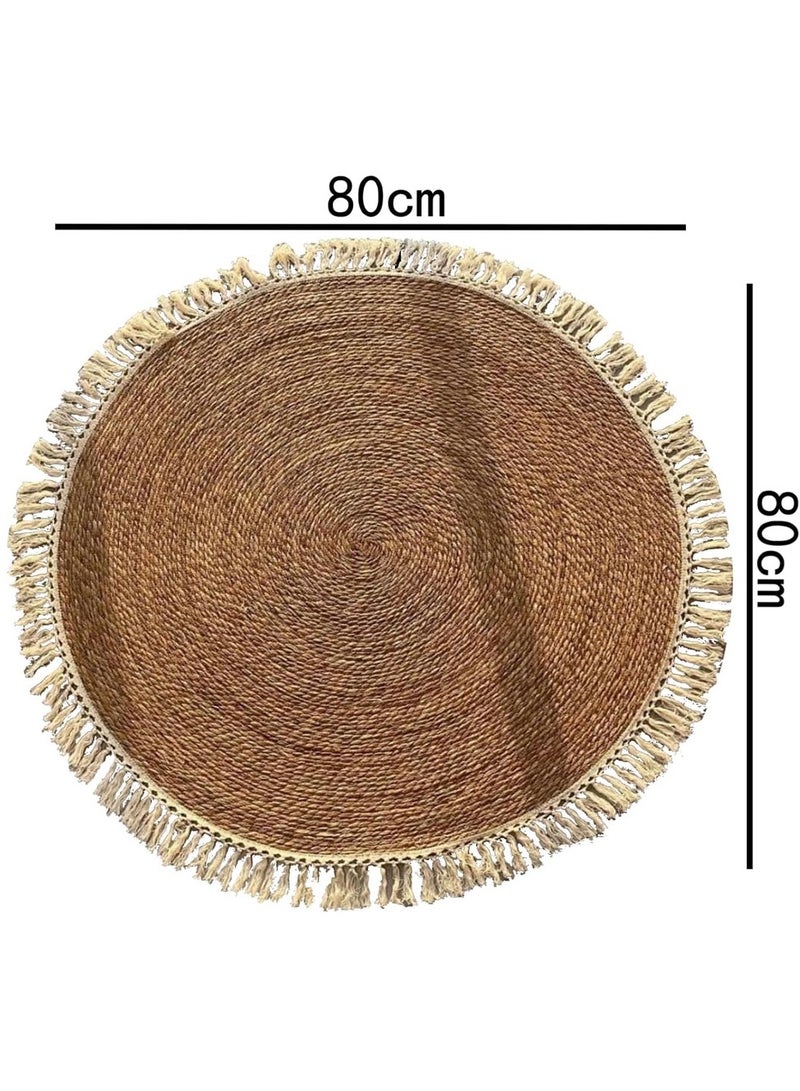 HOME TASTE Round Jute Carpet 80 cm - Handwoven Natural Beige Rug with White Fabric  - Image 2