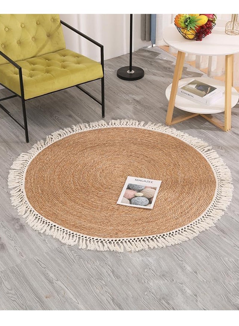 HOME TASTE Round Jute Carpet 80 cm - Handwoven Natural Beige Rug with White Fabric  - Image 3