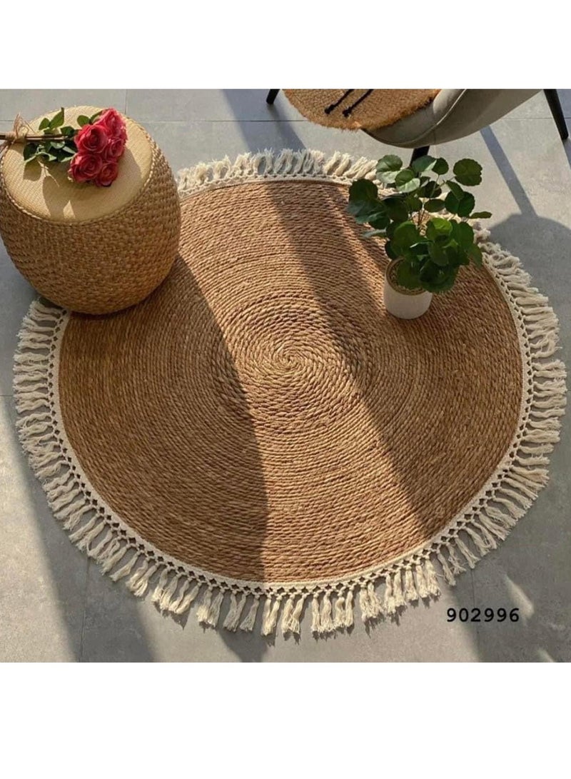 HOME TASTE Round Jute Carpet 80 cm - Handwoven Natural Beige Rug with White Fabric  - Image 4