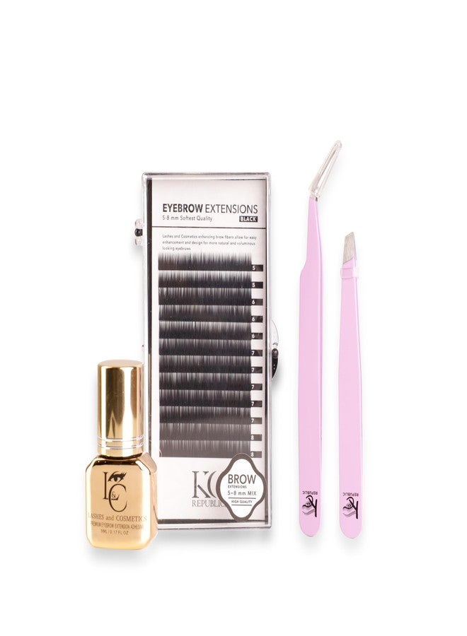 KC Republic Lash Eyebrow Extensions Kit with 1 x Trays of Mink False Eyebrows in Black Comes on Mixed Length Trays 5-8 mm, Eyebrow Glue Clear & Dual Pack (Straight & Curved Tip) Extension Tweezers - Image 1