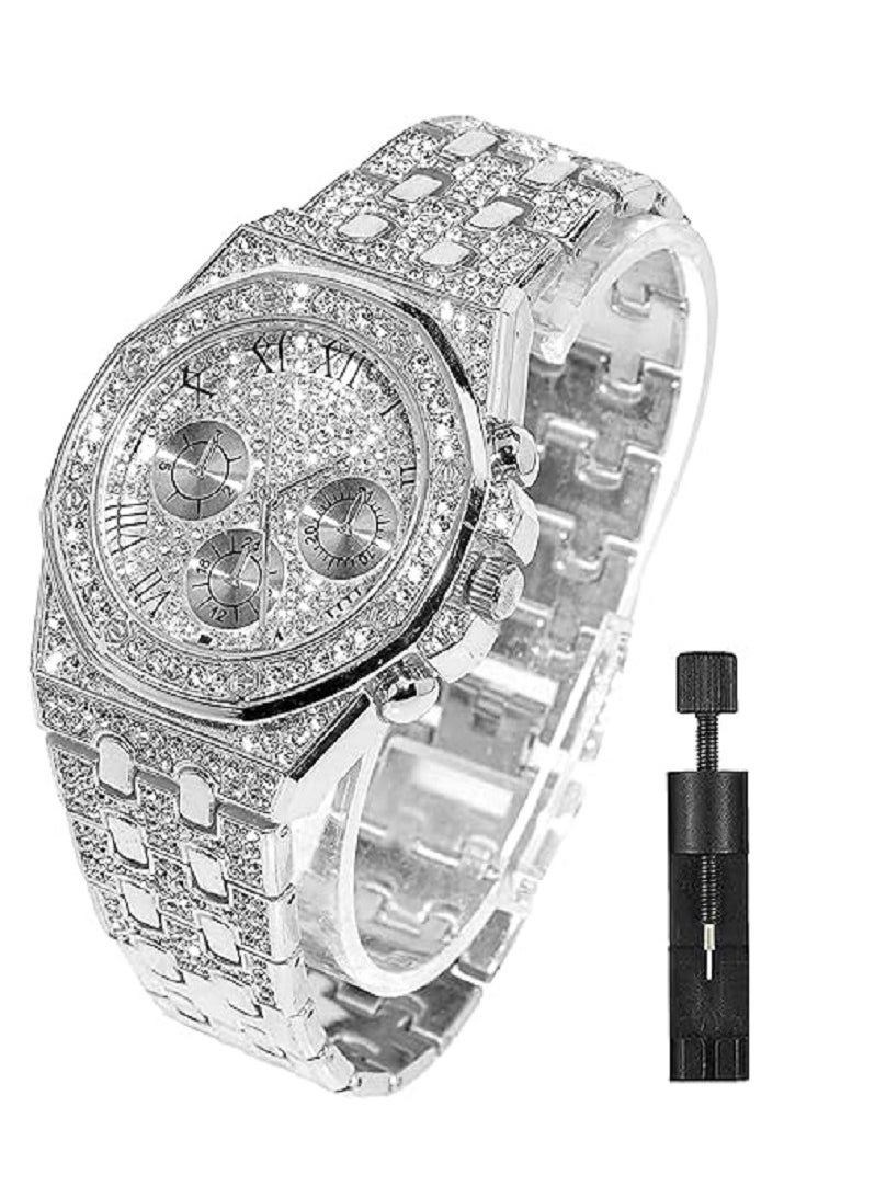 Captaintech Luxury Crystal Diamond Watch for Men and Women 40mm Roman Dial Hip Hop Style Bling Bling Quartz Wristwatch Silver  - Image 1