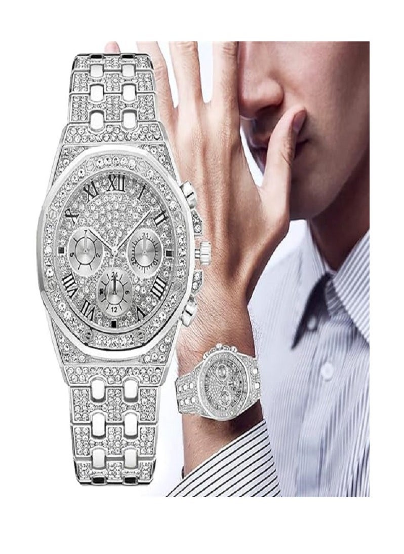 Captaintech Luxury Crystal Diamond Watch for Men and Women 40mm Roman Dial Hip Hop Style Bling Bling Quartz Wristwatch Silver  - Image 2