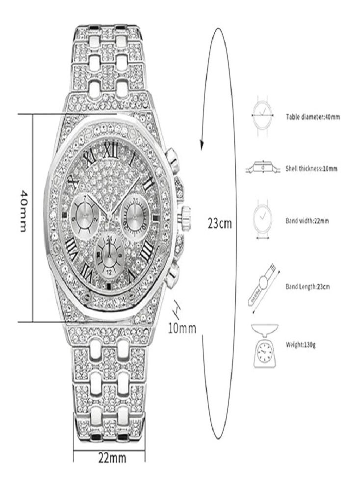 Captaintech Luxury Crystal Diamond Watch for Men and Women 40mm Roman Dial Hip Hop Style Bling Bling Quartz Wristwatch Silver  - Image 3