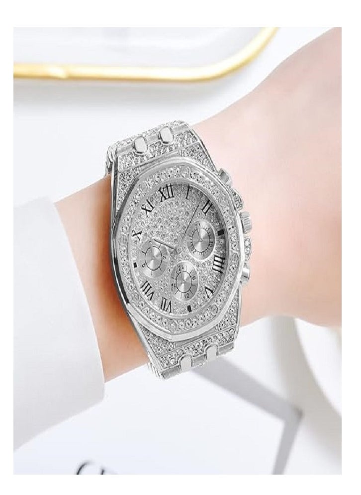 Captaintech Luxury Crystal Diamond Watch for Men and Women 40mm Roman Dial Hip Hop Style Bling Bling Quartz Wristwatch Silver  - Image 5