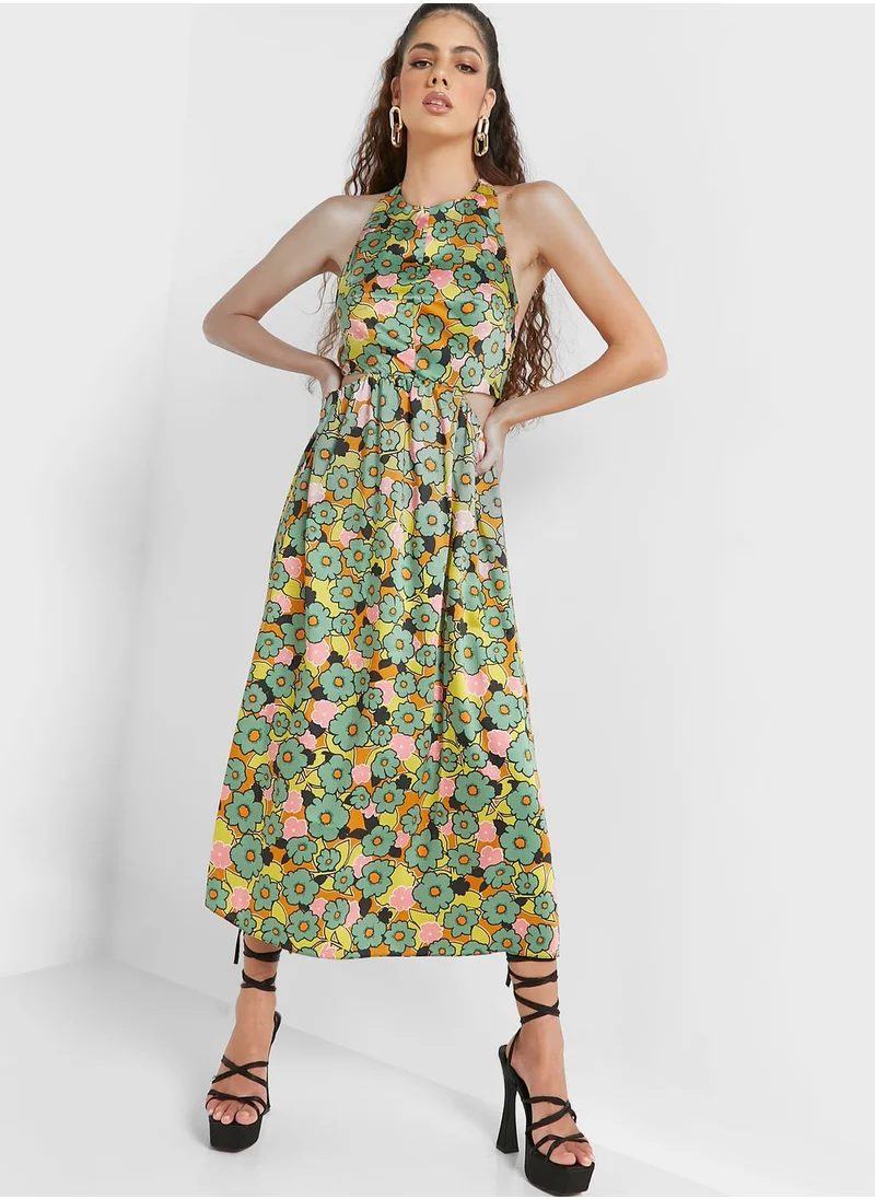 TOPSHOP Floral Print Cut Out Detail Dress