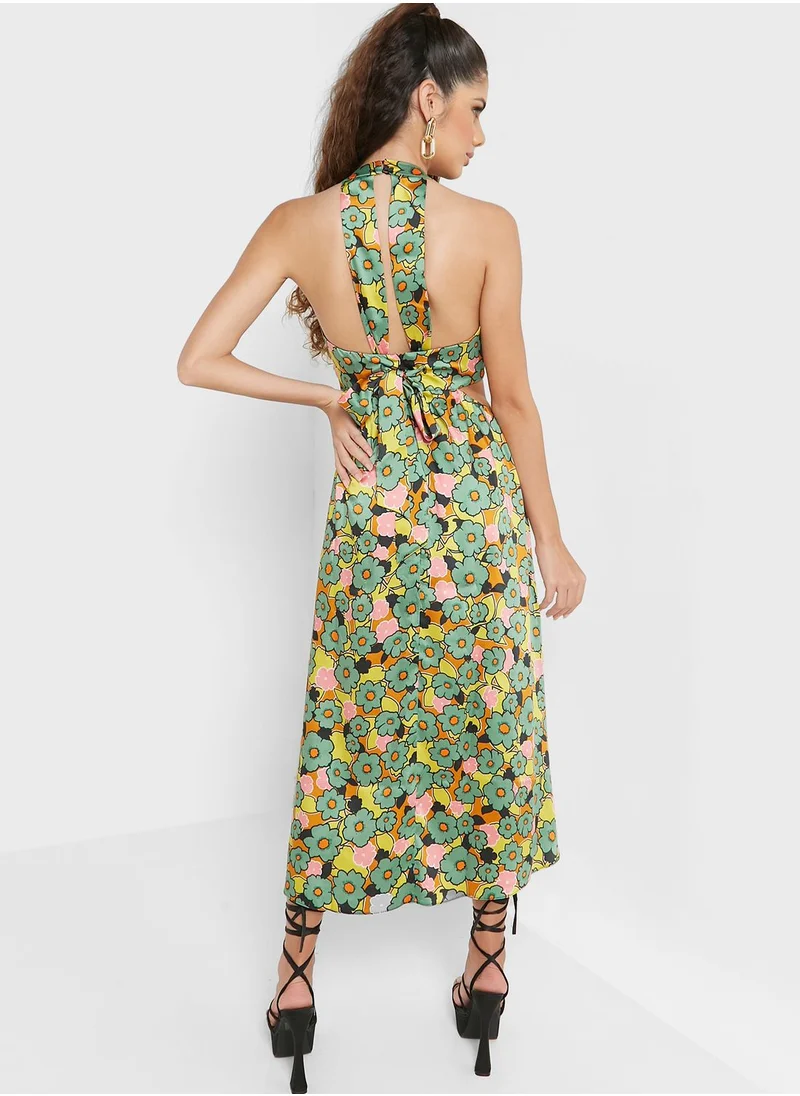 TOPSHOP Floral Print Cut Out Detail Dress