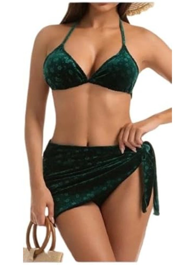 Hanady Two-piece olive green velvet bikini with a waist shawl – One size fits all – HN 9049 - Image 1